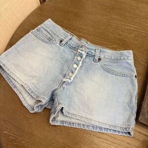 Vintage Button Fly Levis Denim Jean Shorts Light Wash Distressed Mini High Waist